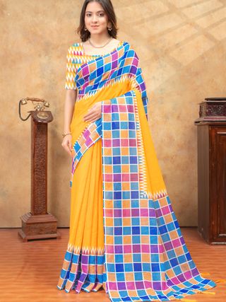 Yellow Multicolor Checks Linen Cotton Saree | Varnavi Store