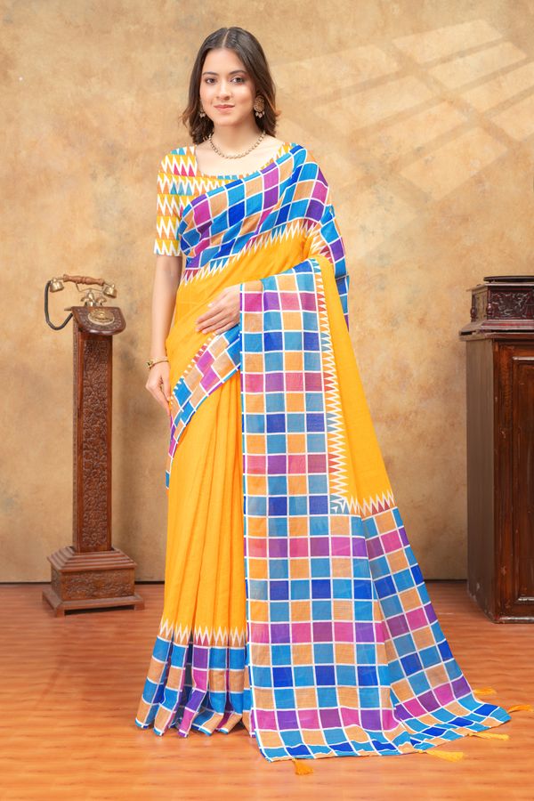 Yellow Multicolor Checks Linen Cotton Saree | Varnavi Store