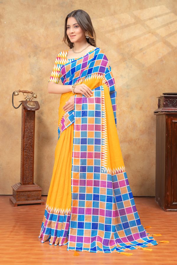 Yellow Multicolor Checks Linen Cotton Saree | Varnavi Store