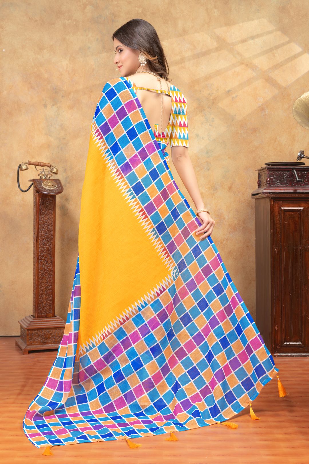 Yellow Multicolor Checks Linen Cotton Saree | Varnavi Store