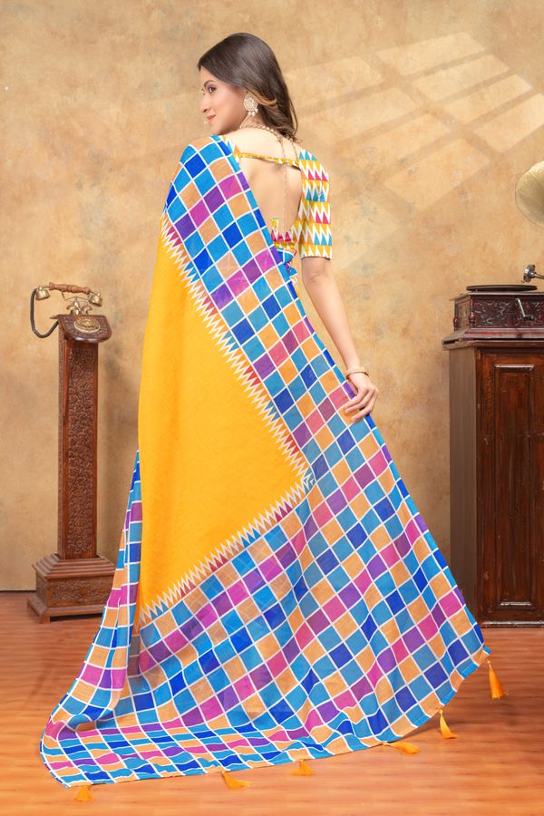 Yellow Multicolor Checks Linen Cotton Saree | Varnavi Store
