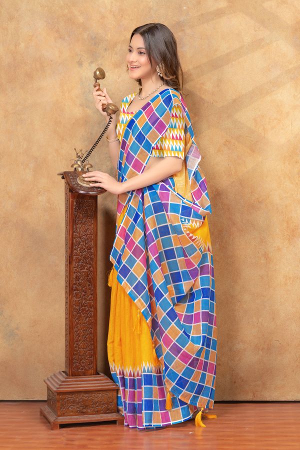 Yellow Multicolor Checks Linen Cotton Saree | Varnavi Store
