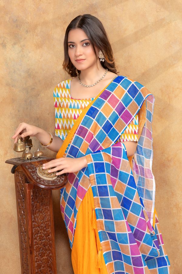 Yellow Multicolor Checks Linen Cotton Saree | Varnavi Store