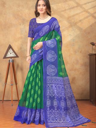 Royal Blue Green Printed Linen Cotton Saree | Varnavi India