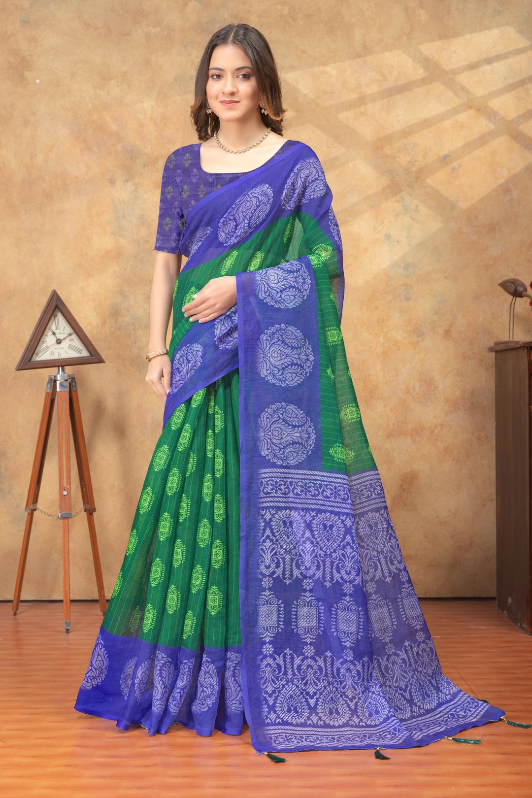 Royal Blue Green Printed Linen Cotton Saree | Varnavi India