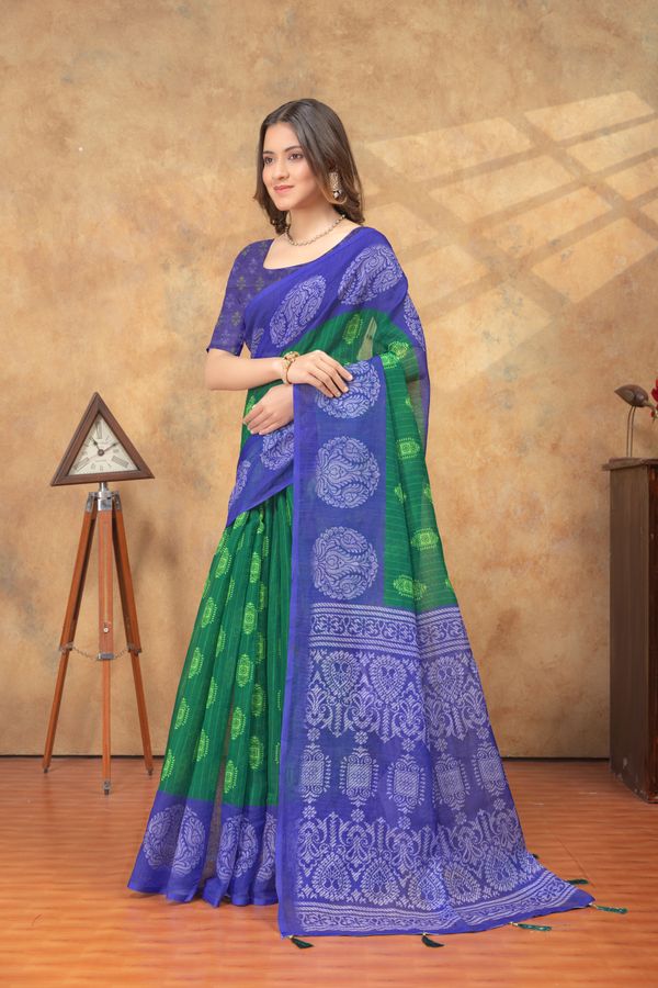 Royal Blue Green Printed Linen Cotton Saree | Varnavi India