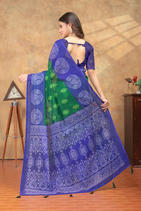 Royal Blue Green Printed Linen Cotton Saree | Varnavi India