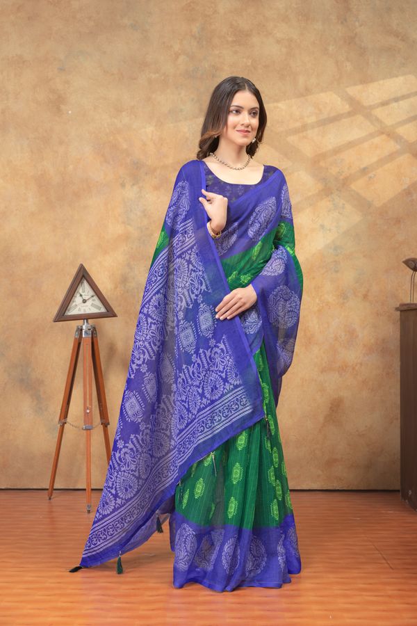 Royal Blue Green Printed Linen Cotton Saree | Varnavi India