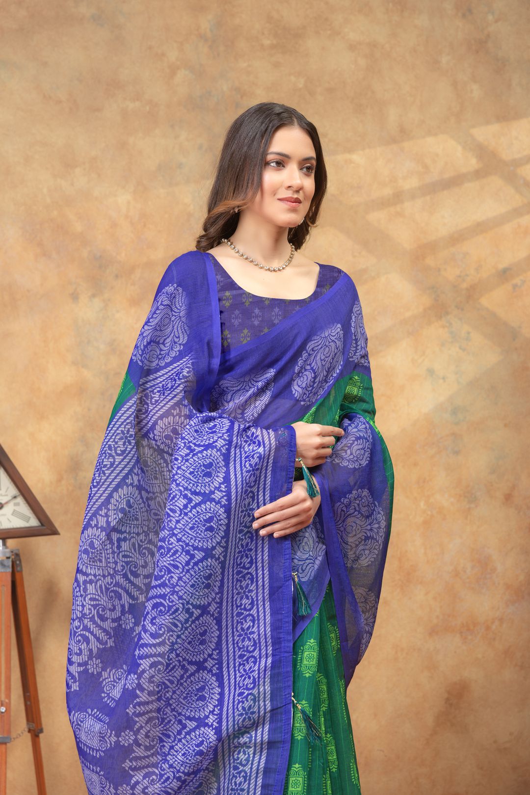 Royal Blue Green Printed Linen Cotton Saree | Varnavi India