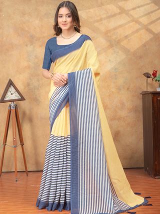 Sunshine Yellow Linen Cotton Saree with Navy Striped Pallu