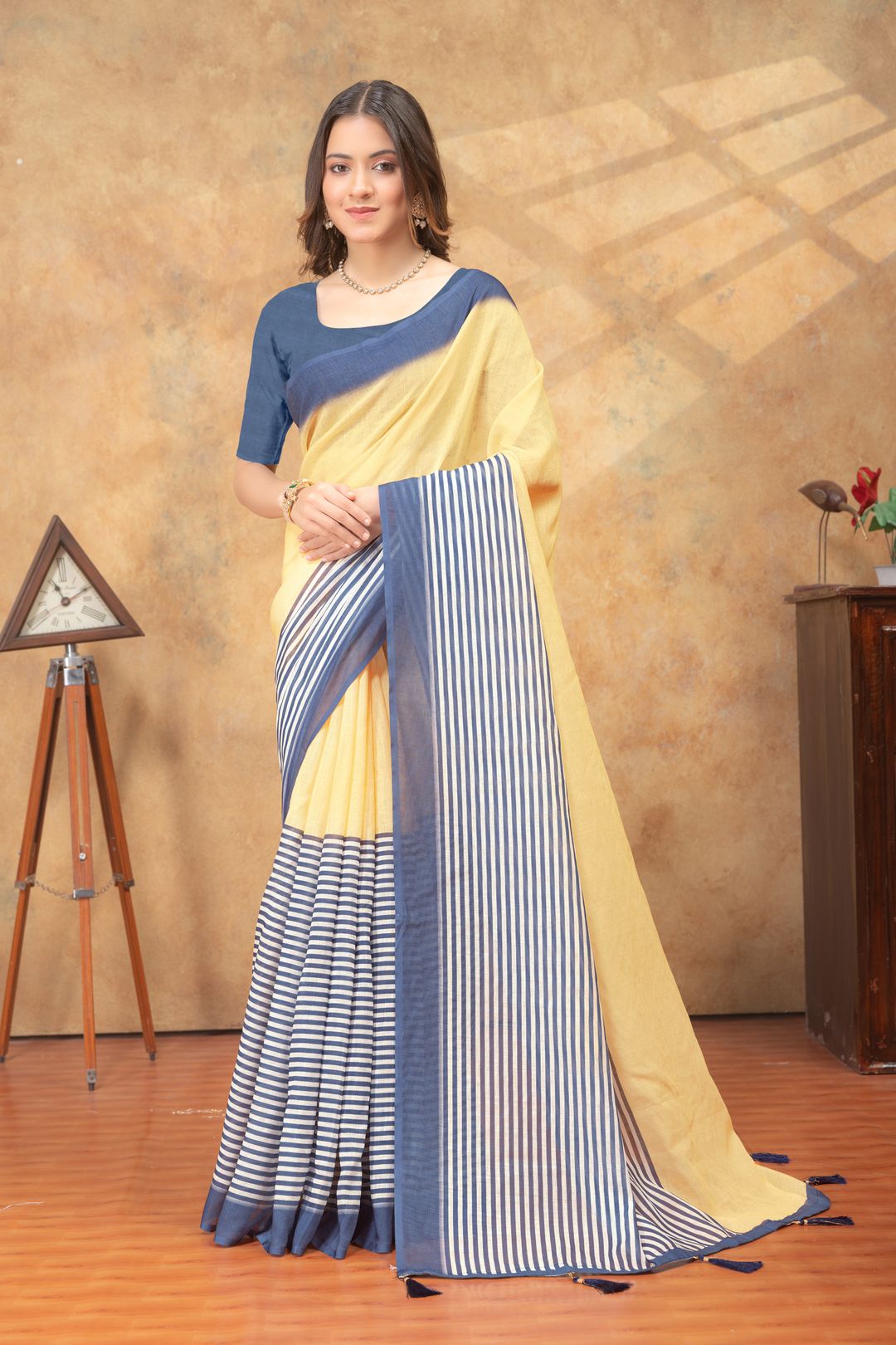 Sunshine Yellow Linen Cotton Saree with Navy Striped Pallu