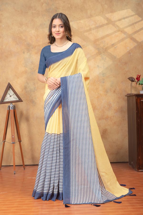 Sunshine Yellow Linen Cotton Saree with Navy Striped Pallu
