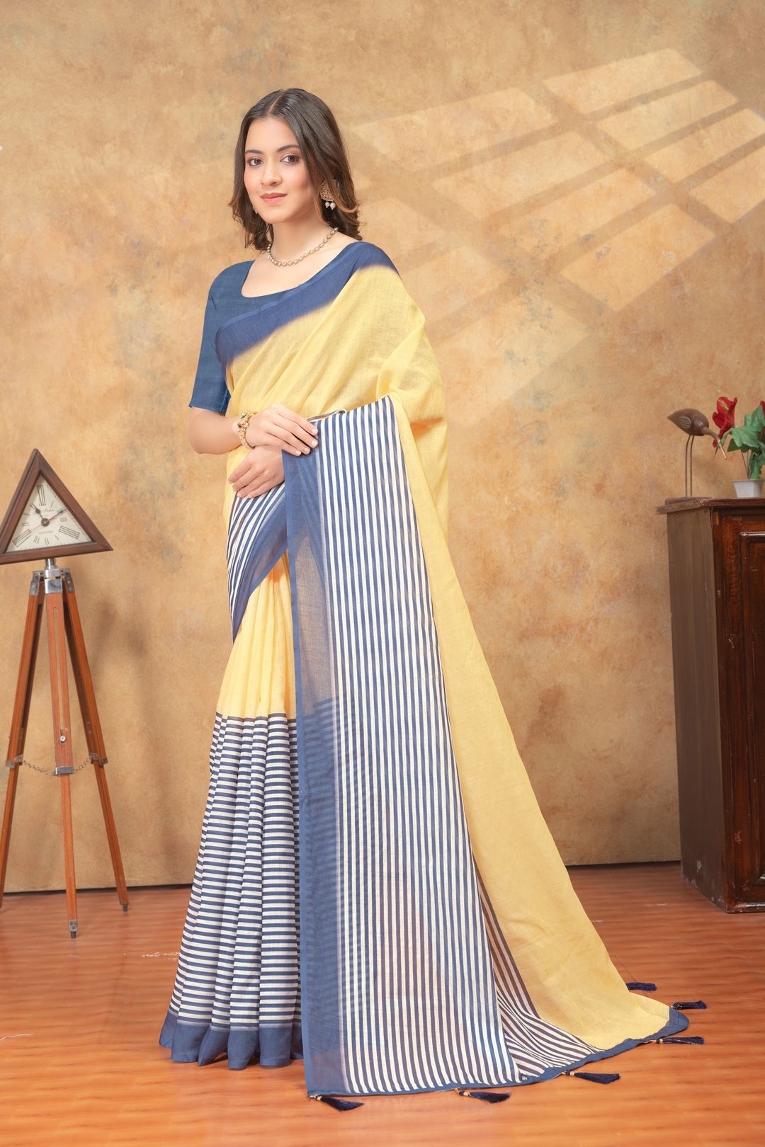 Sunshine Yellow Linen Cotton Saree with Navy Striped Pallu