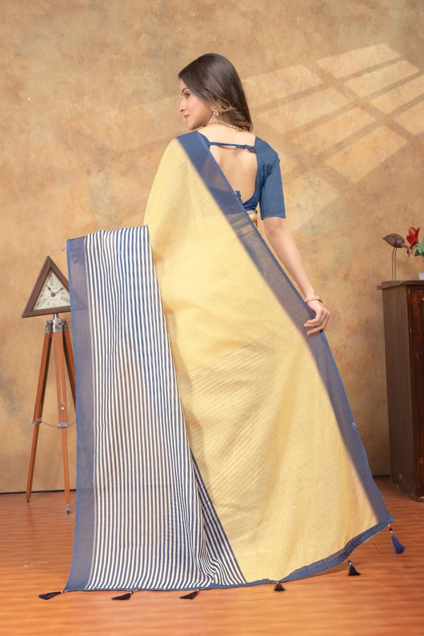 Sunshine Yellow Linen Cotton Saree with Navy Striped Pallu