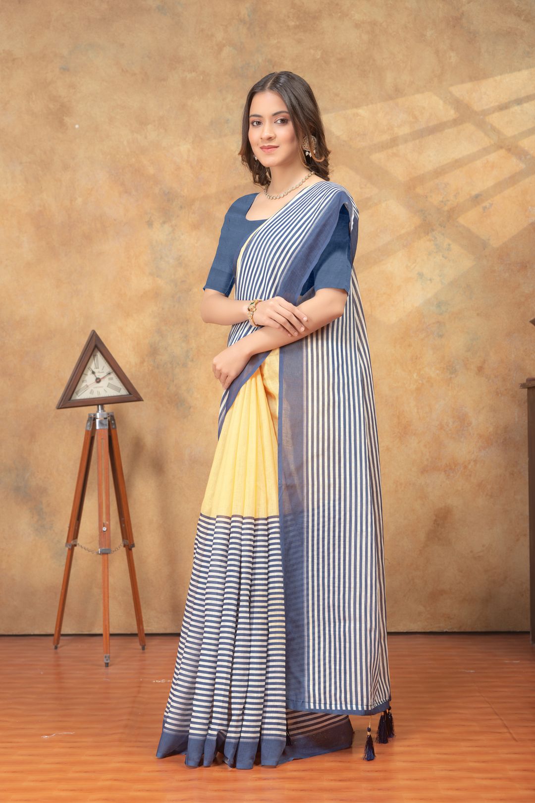 Sunshine Yellow Linen Cotton Saree with Navy Striped Pallu