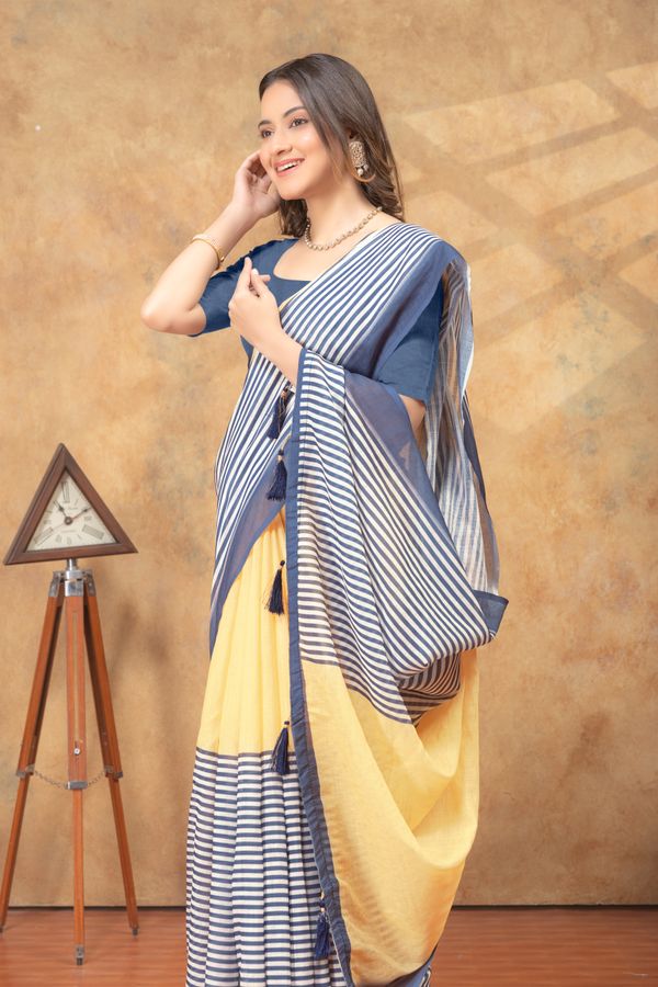 Sunshine Yellow Linen Cotton Saree with Navy Striped Pallu
