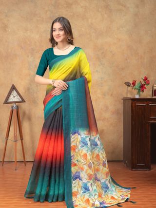 Teal Green Yellow Linen Cotton Saree with Floral Printed Pallu