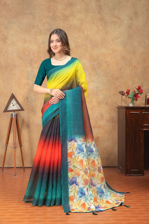 Teal Green Yellow Linen Cotton Saree with Floral Printed Pallu