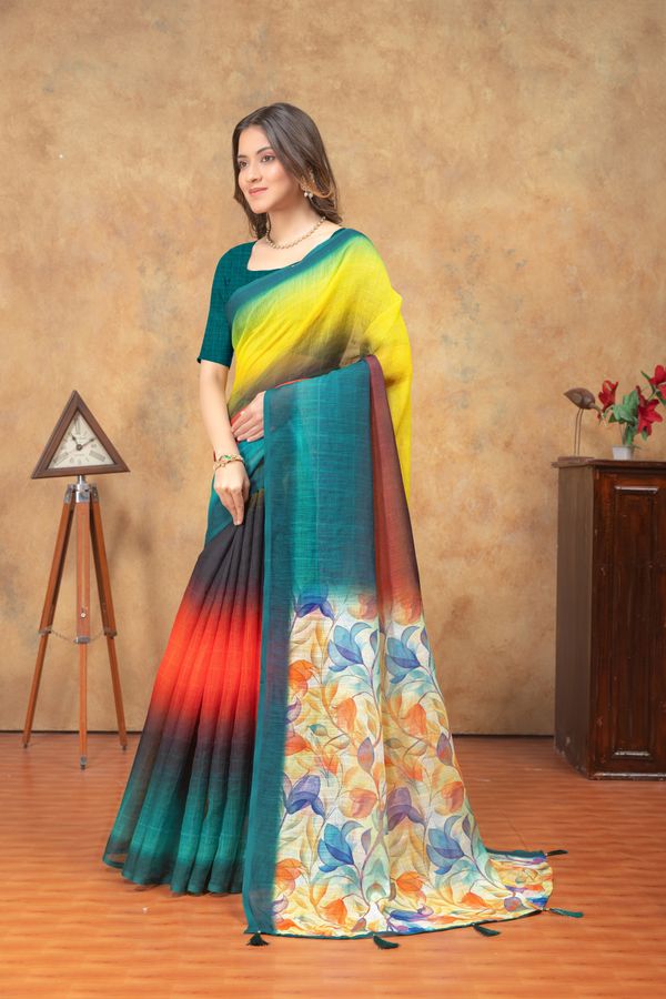 Teal Green Yellow Linen Cotton Saree with Floral Printed Pallu