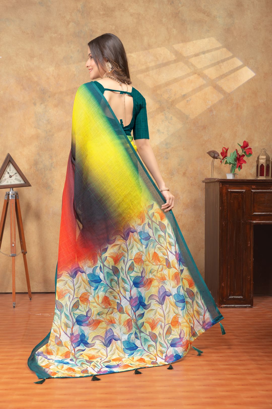 Teal Green Yellow Linen Cotton Saree with Floral Printed Pallu