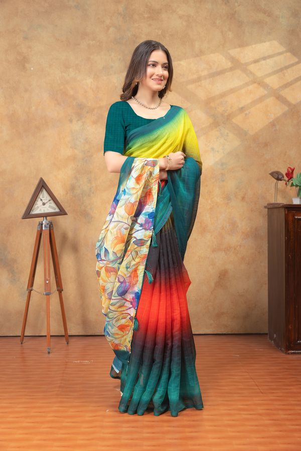 Teal Green Yellow Linen Cotton Saree with Floral Printed Pallu
