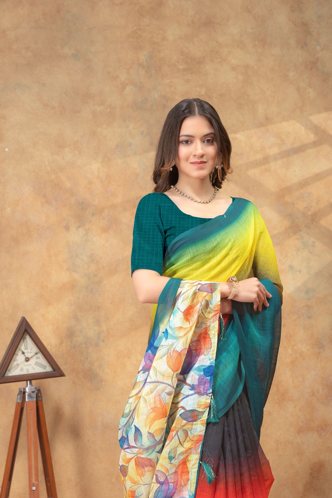 Teal Green Yellow Linen Cotton Saree with Floral Printed Pallu