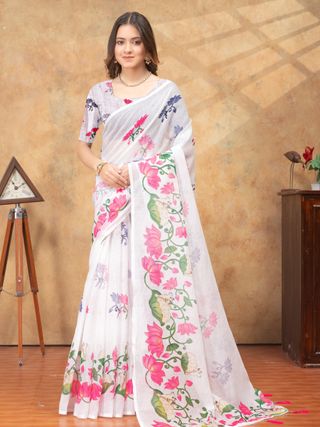 White Floral Printed Linen Cotton Saree For Women Today