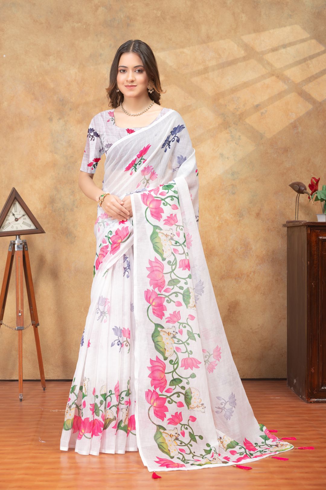 White Floral Printed Linen Cotton Saree For Women Today