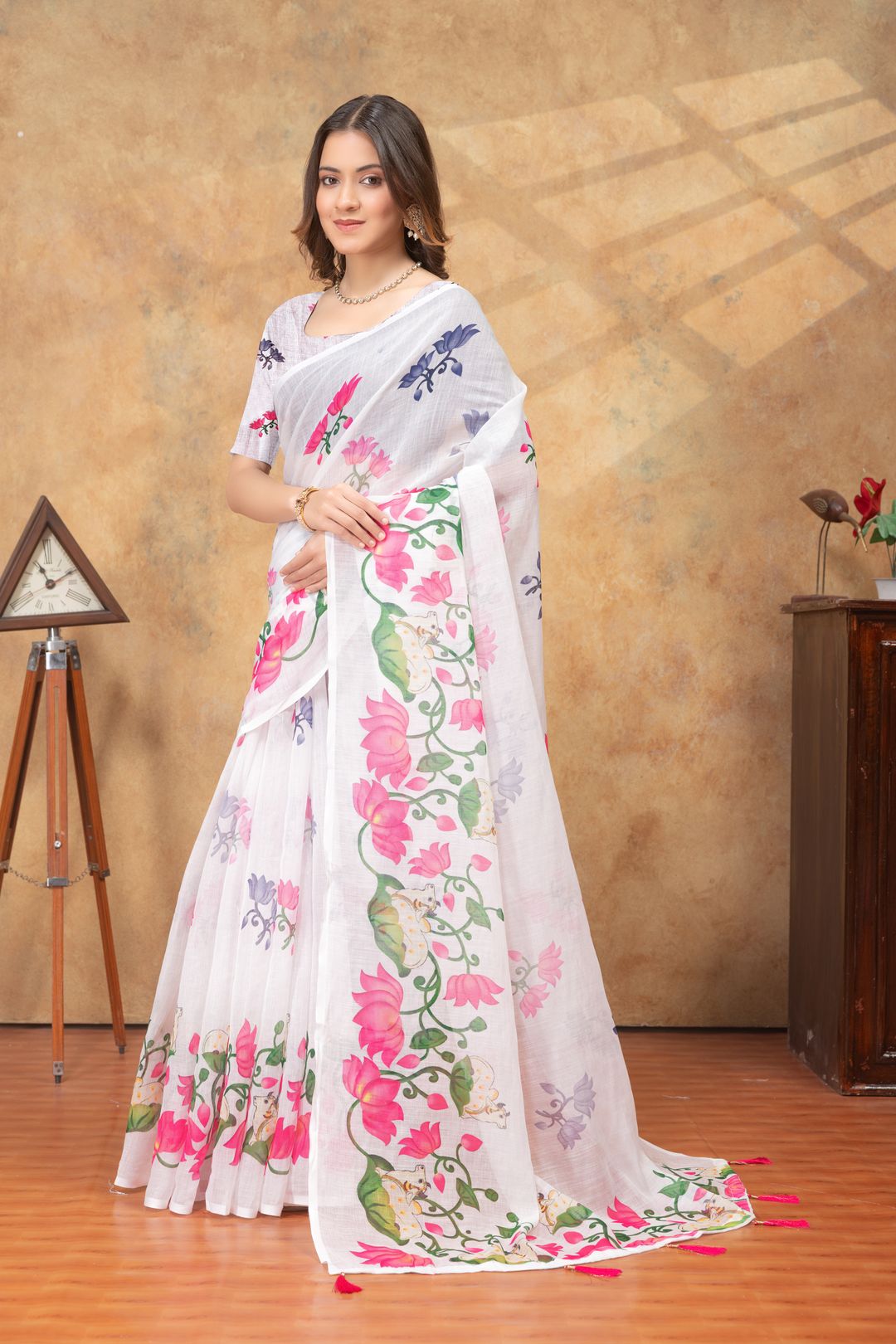 White Floral Printed Linen Cotton Saree For Women Today