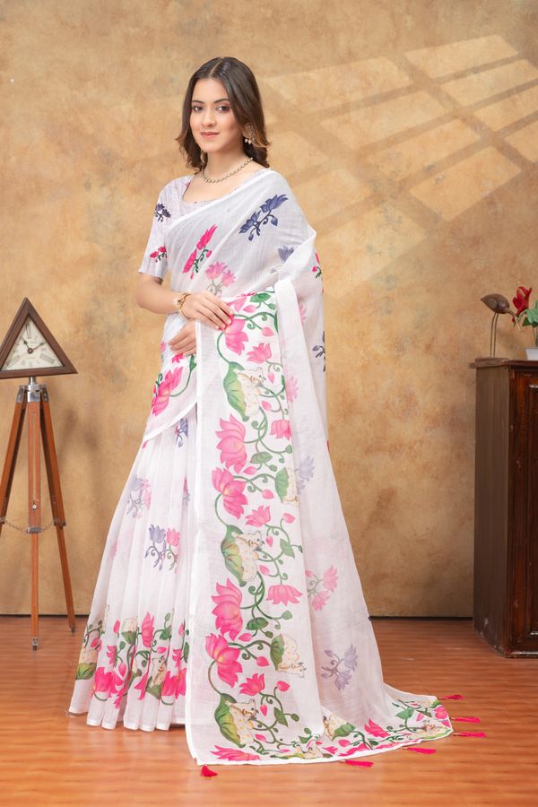 White Floral Printed Linen Cotton Saree For Women Today