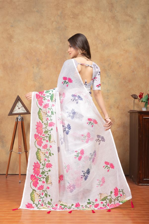 White Floral Printed Linen Cotton Saree For Women Today