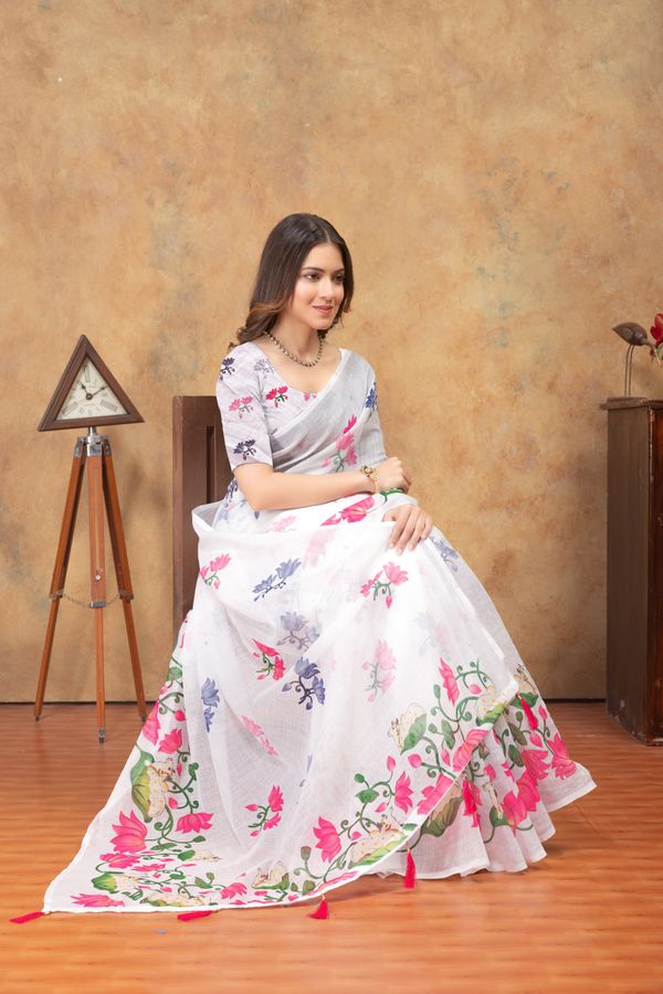 White Floral Printed Linen Cotton Saree For Women Today