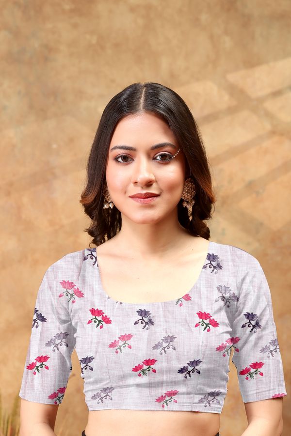 White Floral Printed Linen Cotton Saree For Women Today