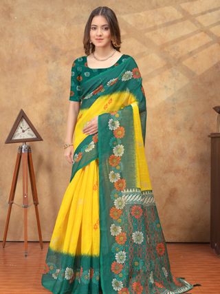 Green Yellow Floral Printed Satin Saree With Running Blouse
