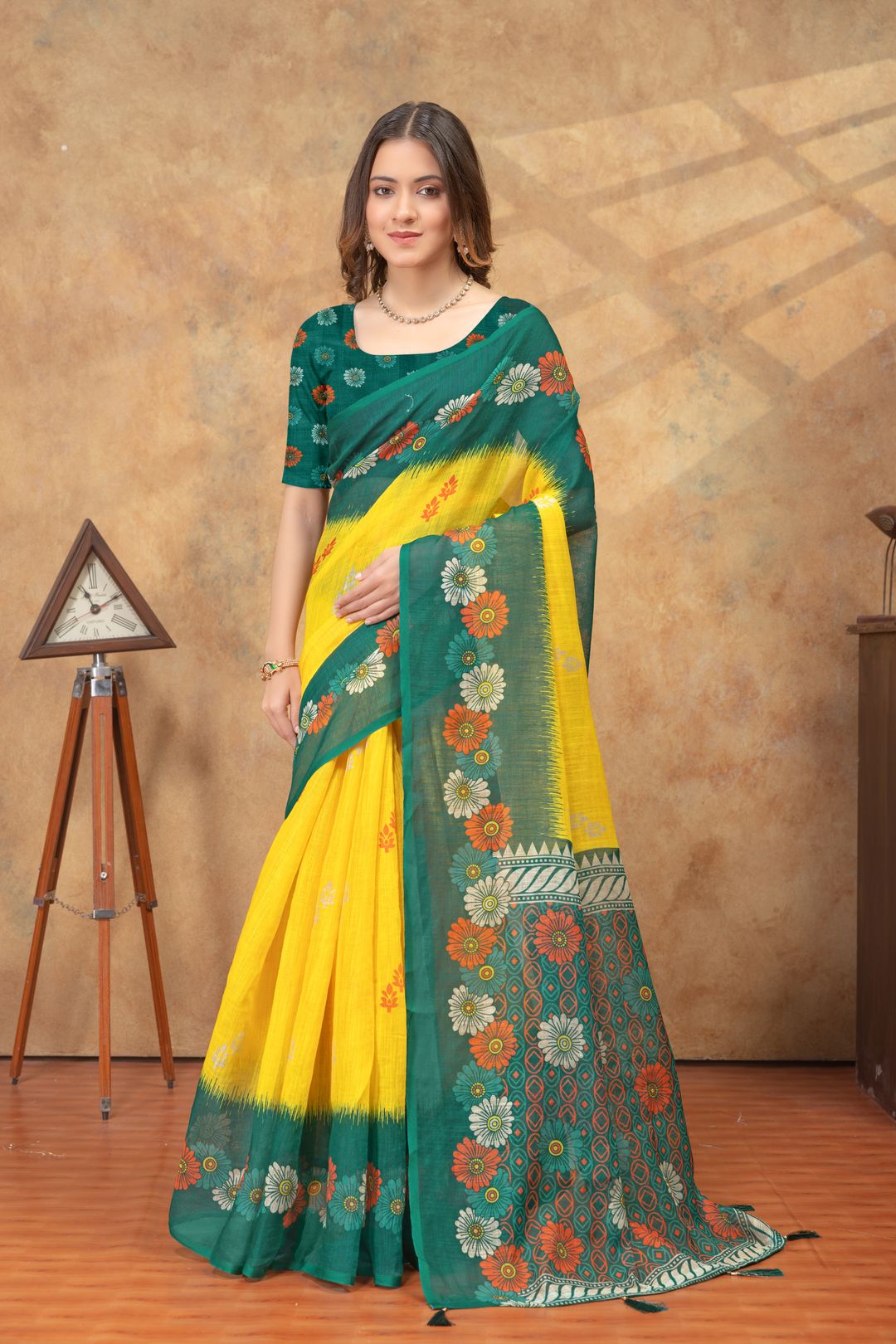 Green Yellow Floral Printed Satin Saree With Running Blouse