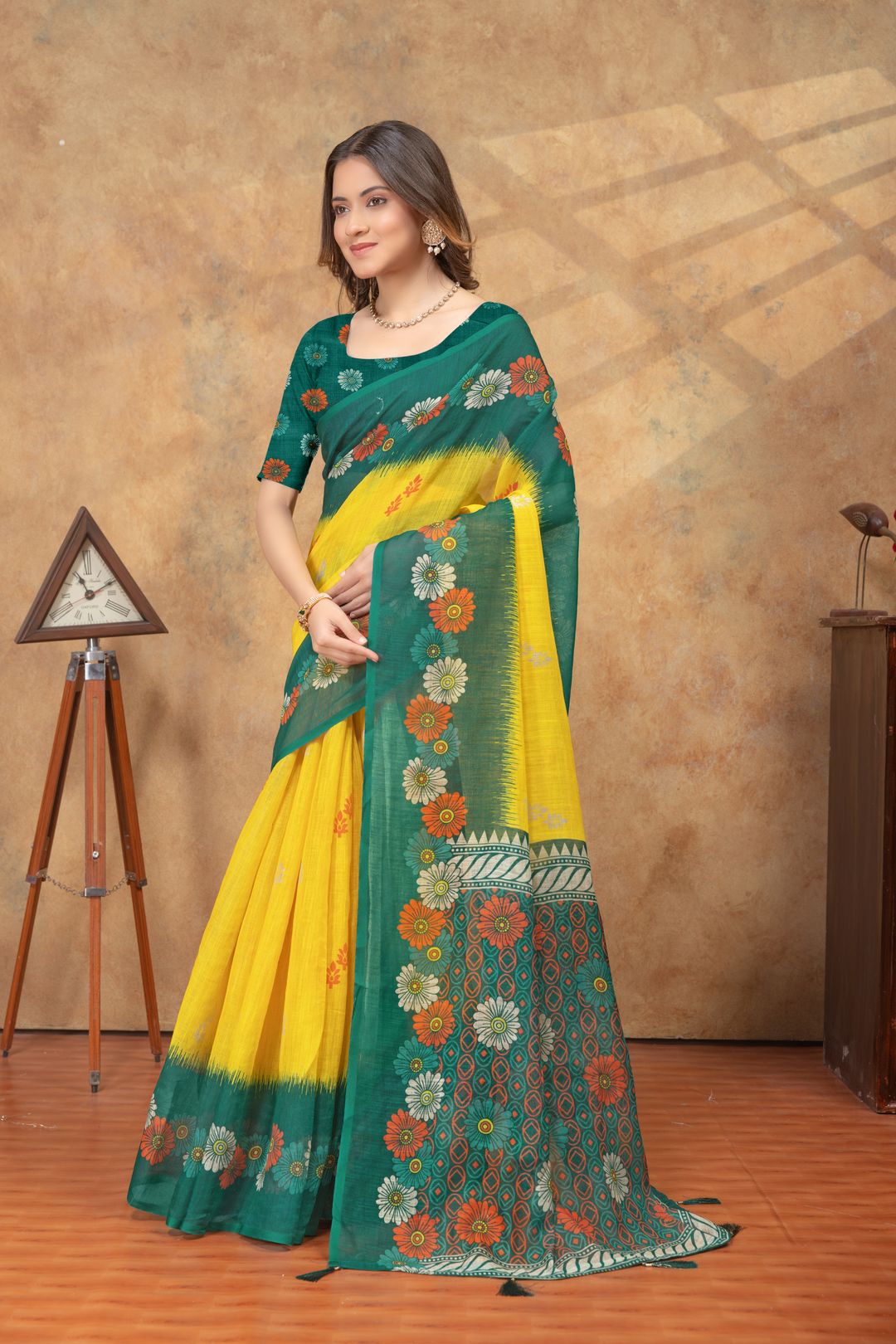 Green Yellow Floral Printed Satin Saree With Running Blouse