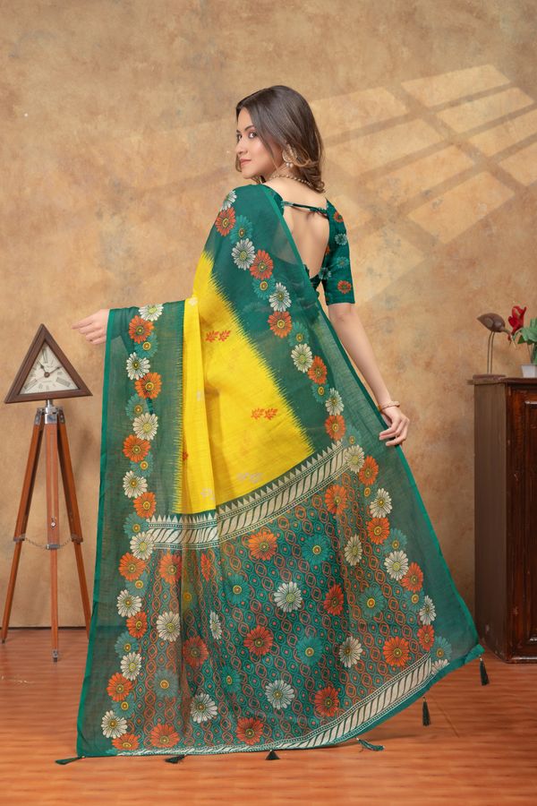 Green Yellow Floral Printed Satin Saree With Running Blouse