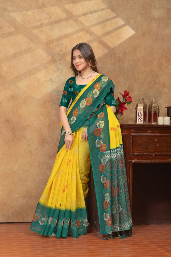 Green Yellow Floral Printed Satin Saree With Running Blouse