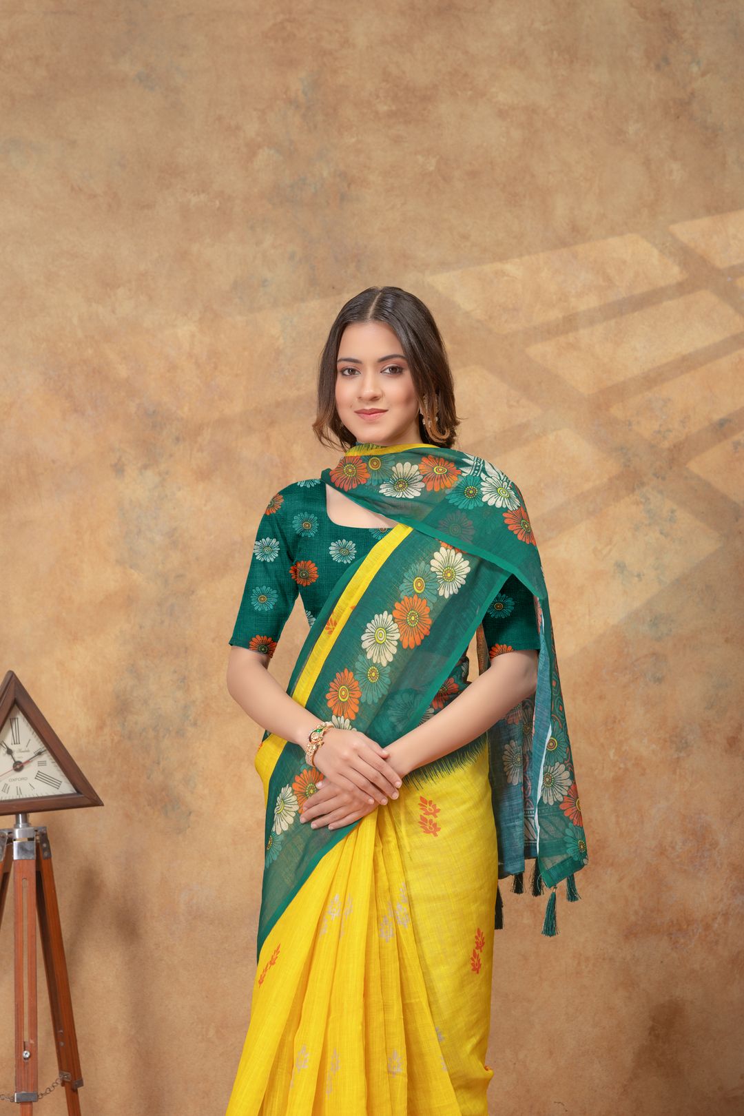 Green Yellow Floral Printed Satin Saree With Running Blouse