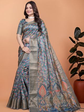 Buy Multicolor Satin Floral Saree with Woven Border Varnavi