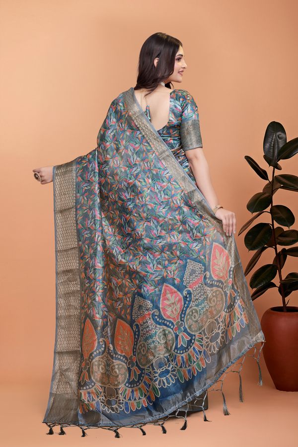 Buy Multicolor Satin Floral Saree with Woven Border Varnavi