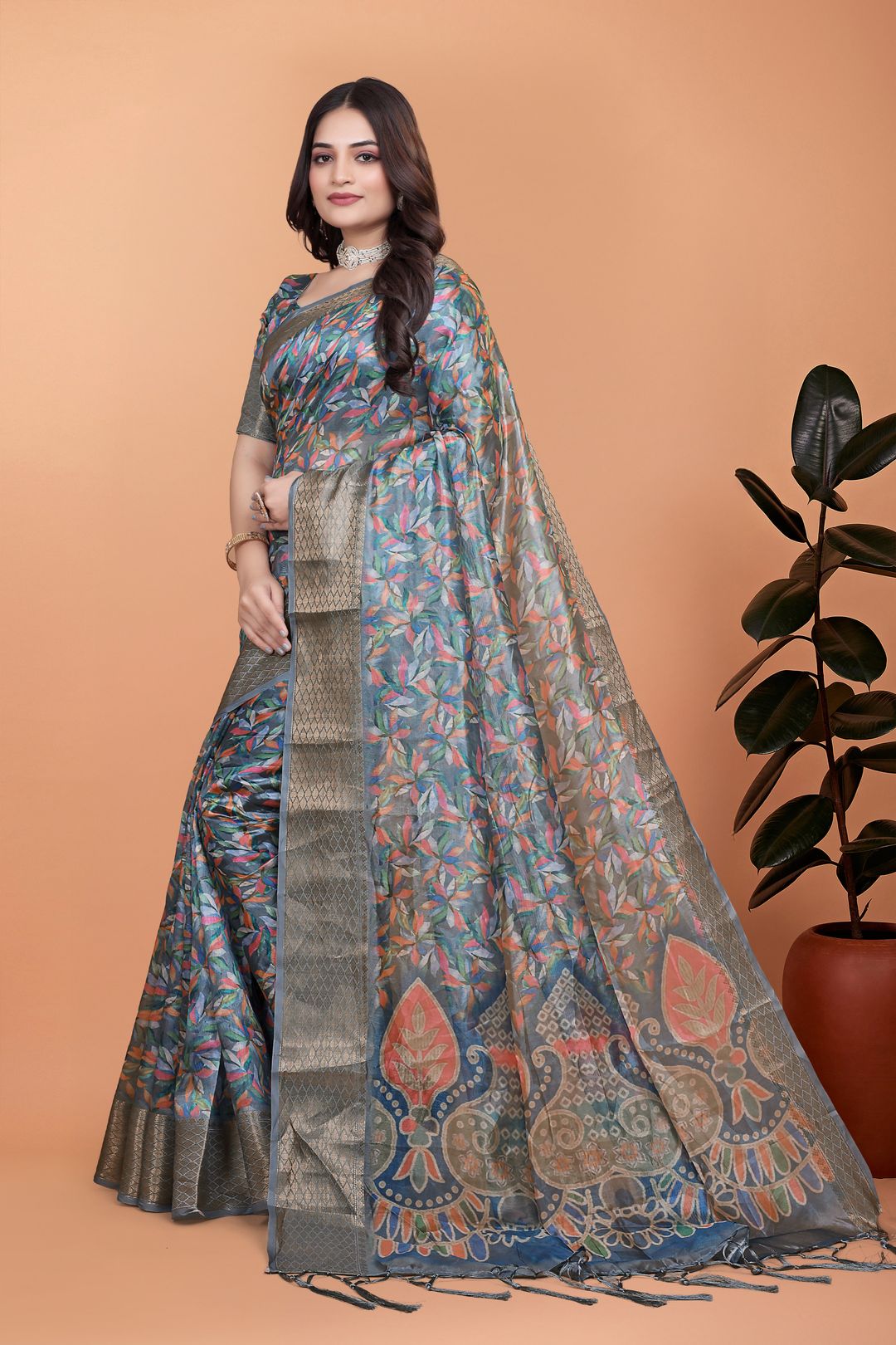 Buy Multicolor Satin Floral Saree with Woven Border Varnavi