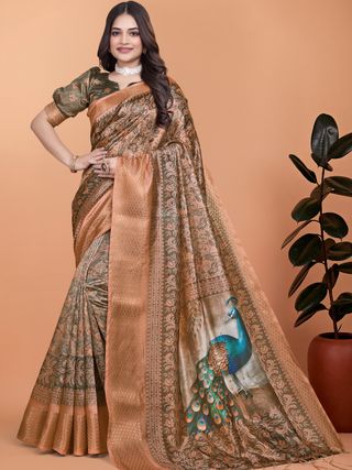 Buy New Peacock Floral Linen Cotton Blend Saree with Border