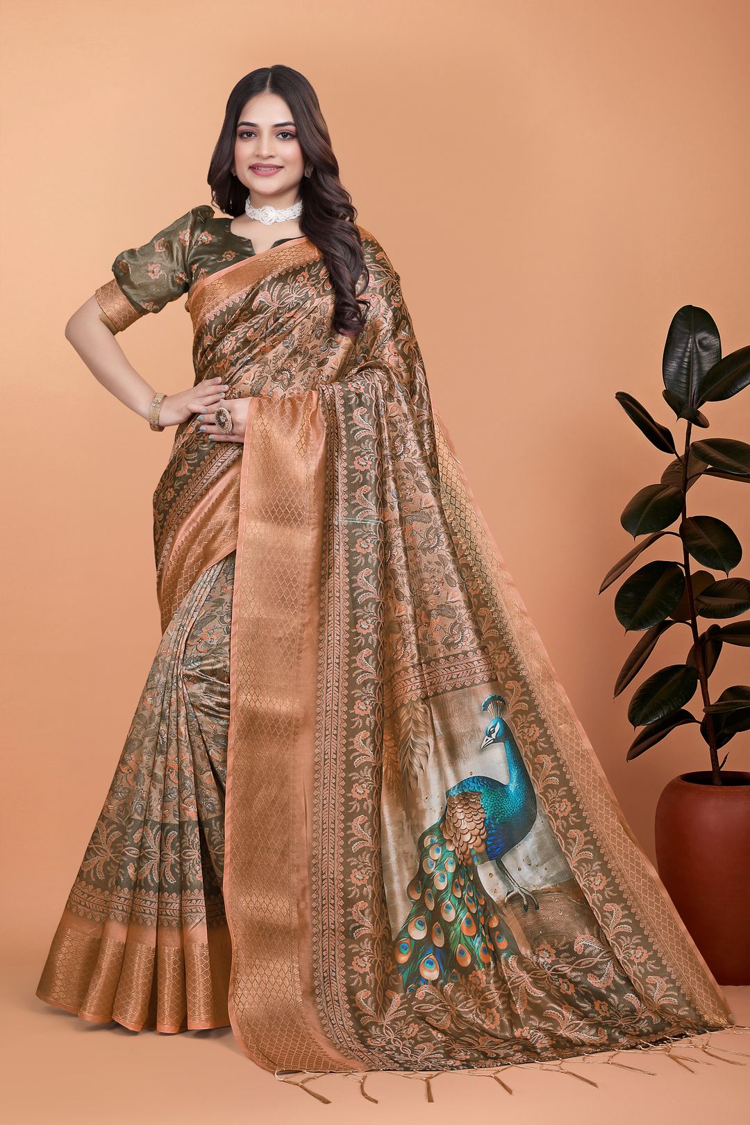 Buy New Peacock Floral Linen Cotton Blend Saree with Border
