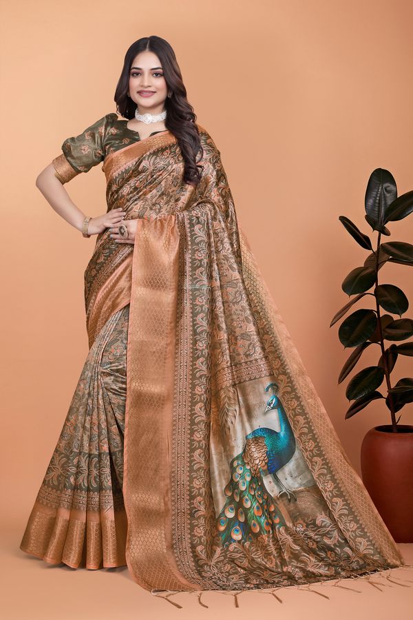 Buy New Peacock Floral Linen Cotton Blend Saree with Border