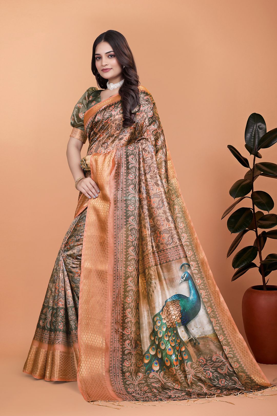 Buy New Peacock Floral Linen Cotton Blend Saree with Border