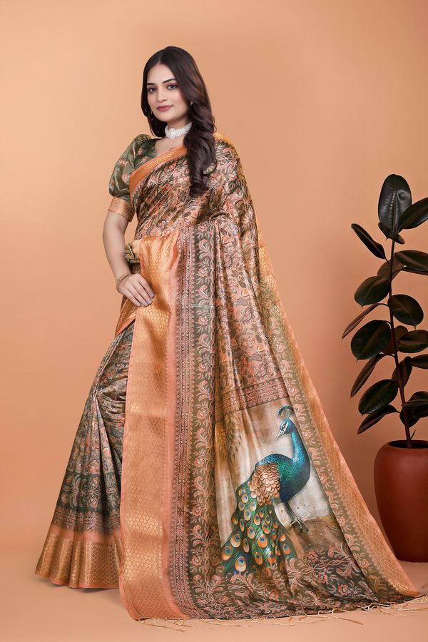 Buy New Peacock Floral Linen Cotton Blend Saree with Border