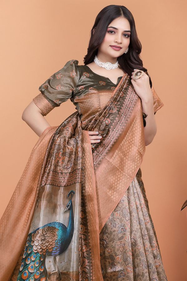 Buy New Peacock Floral Linen Cotton Blend Saree with Border