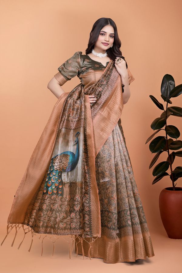 Buy New Peacock Floral Linen Cotton Blend Saree with Border