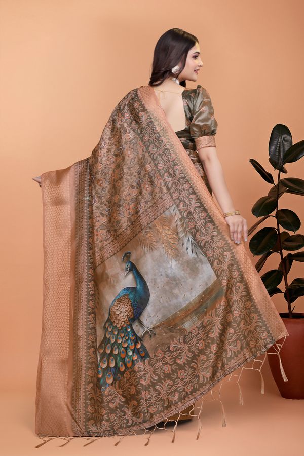 Buy New Peacock Floral Linen Cotton Blend Saree with Border